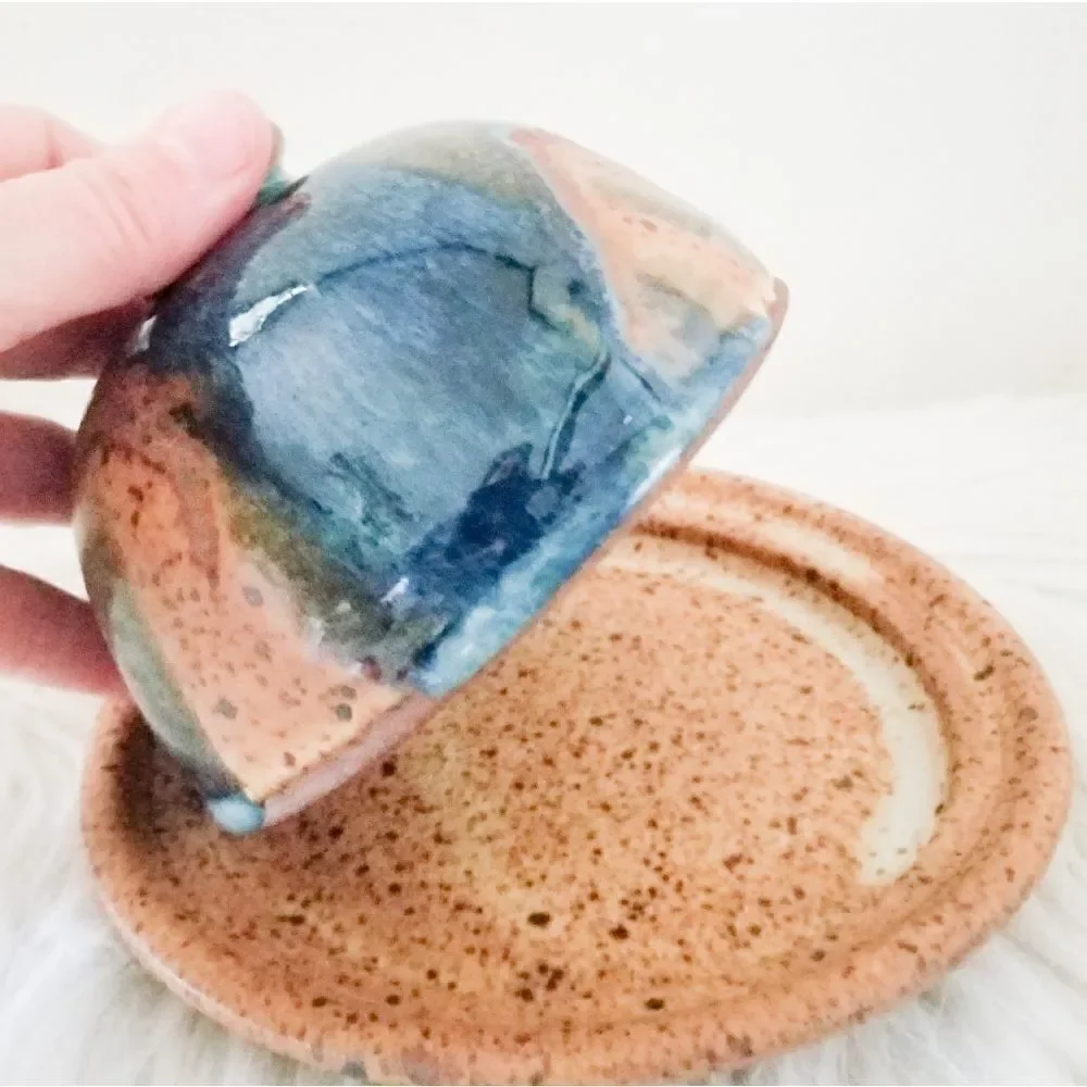 Pottery covered plate earth tones with blue